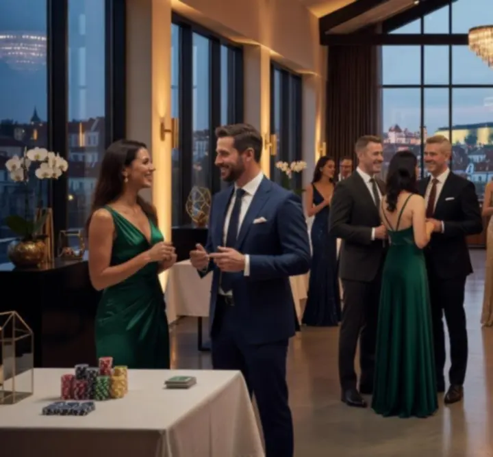 Elegantní večírek s hosty v&nbsp;oblecích a koktejlových šatech