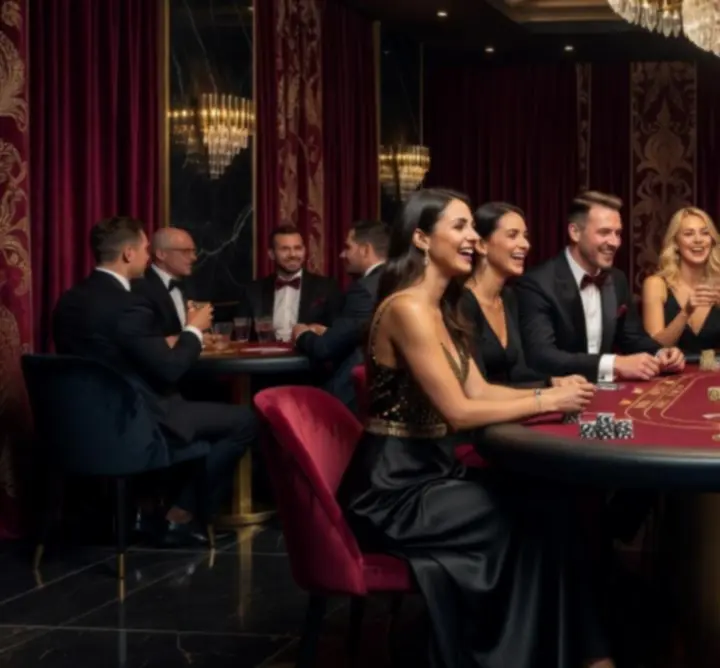 Hosté u luxusního poker stolu během casino night firemní akce
