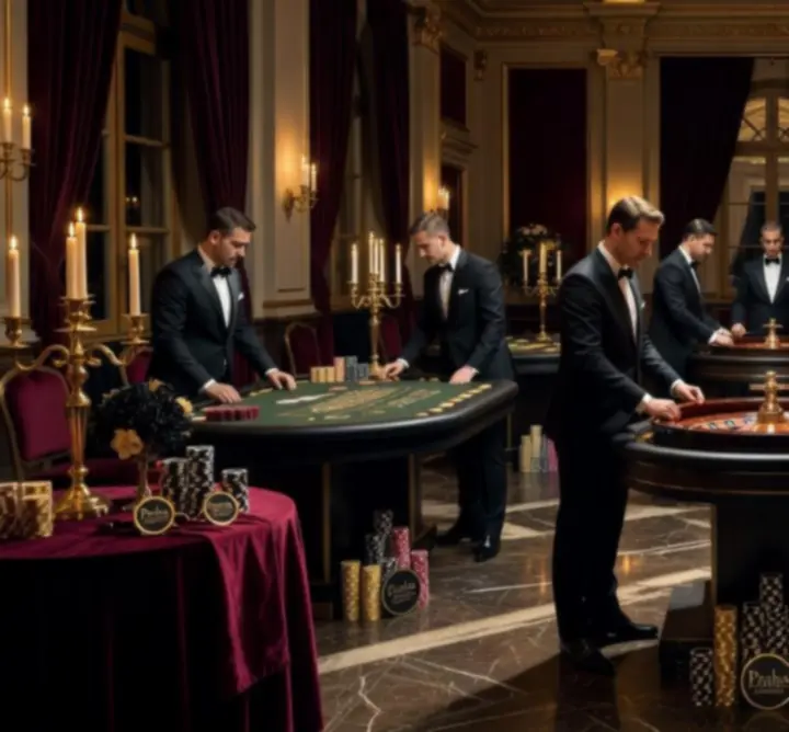 Tým LuxeV Event Craft připravuje herní stoly a casino dekorace před začátkem akce