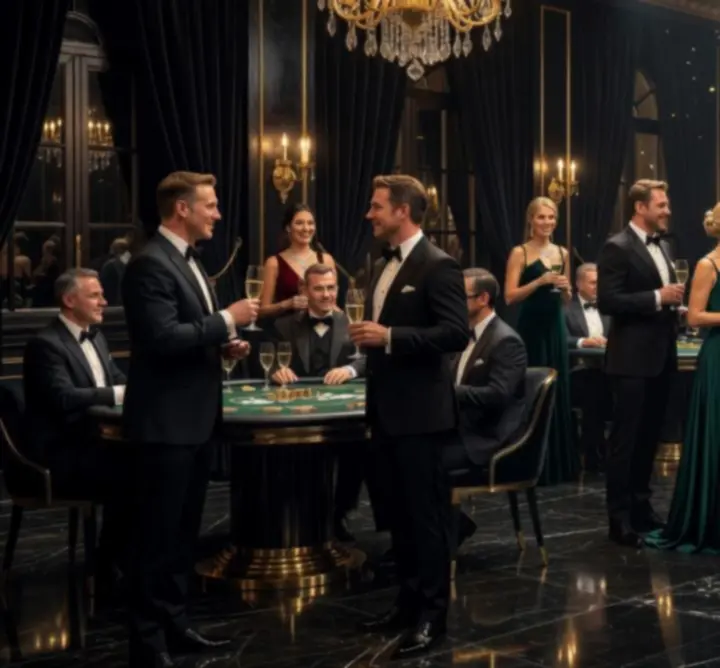 Luxusní interiér casino party s hosty u herních stolů